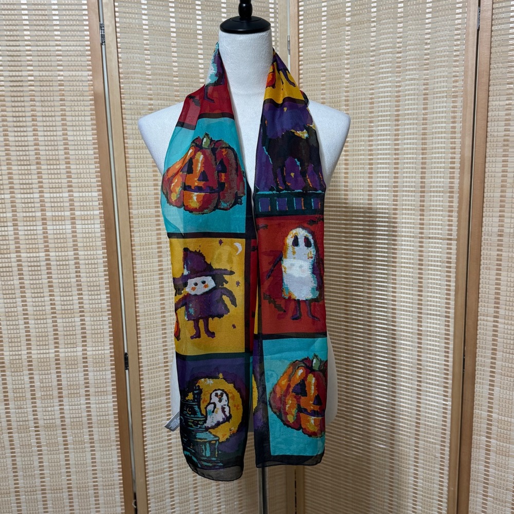 Echo Halloween Scarf Made in Italy Pumpkin Ghost Witch Black Cat Multicolor 62in
